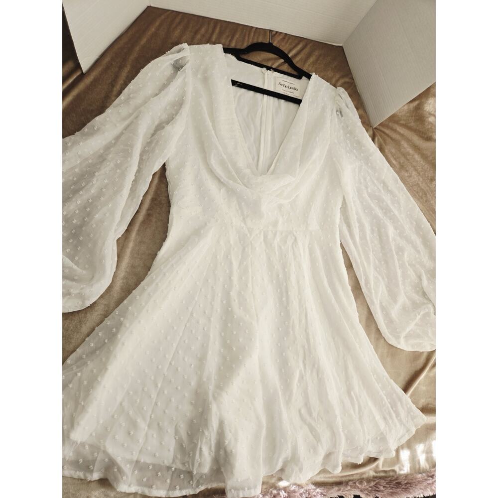 Selfie Leslie Hand In Mine Indie Mini Dress L Boho Ruffle Sleeve White Mint Casu - Picture 3 of 13